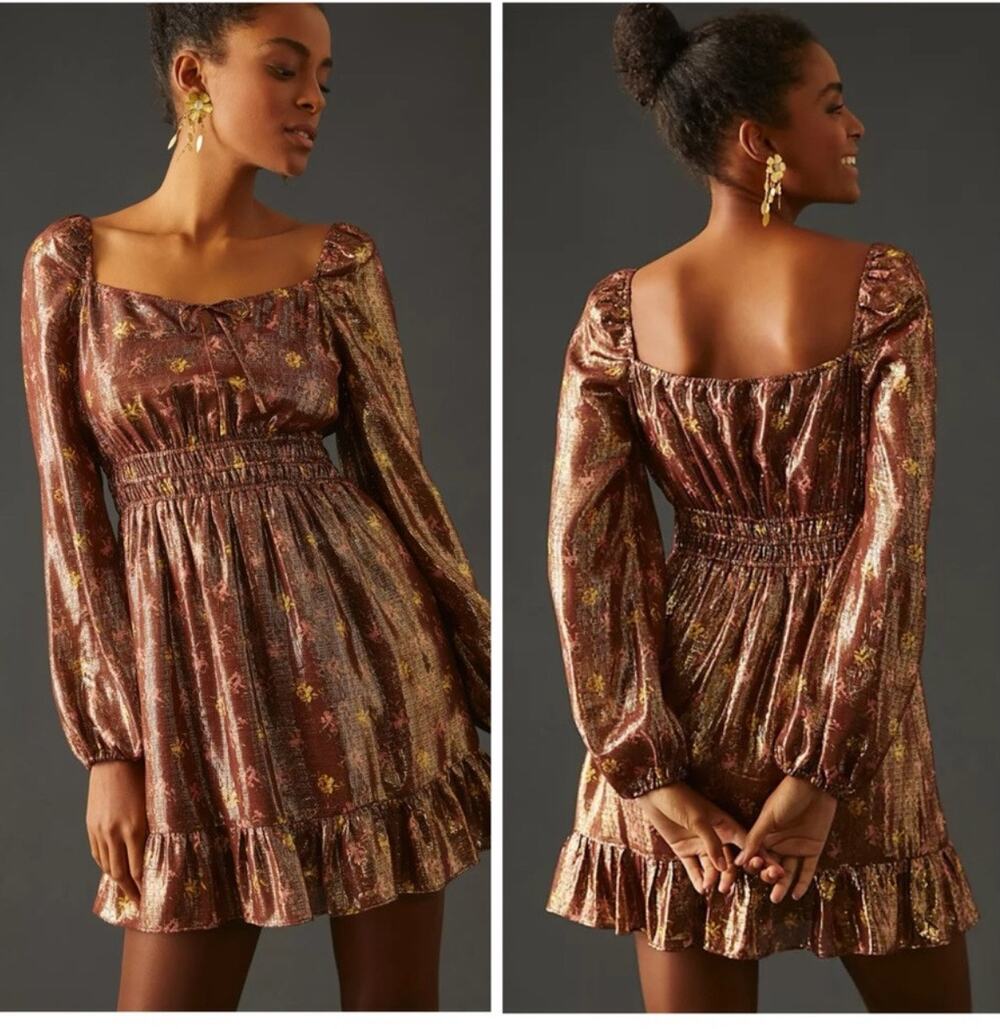 PAIGE Cottagecore Brown Bronze Dust Noah Silk Blend A-Line Mini Dress Sz S. NWOT